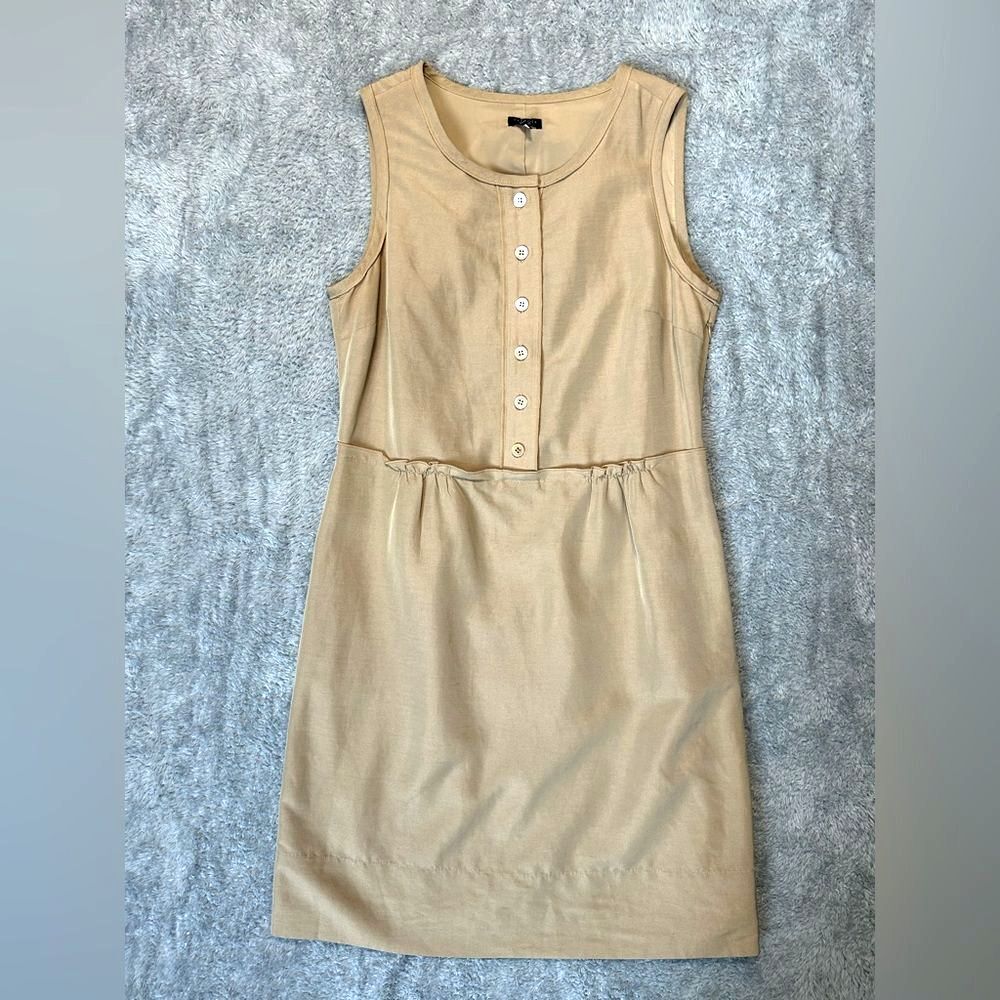 Talbots Linen Blend Sleeveless Dress Lined Camel Tan Beige Shine Sz 14